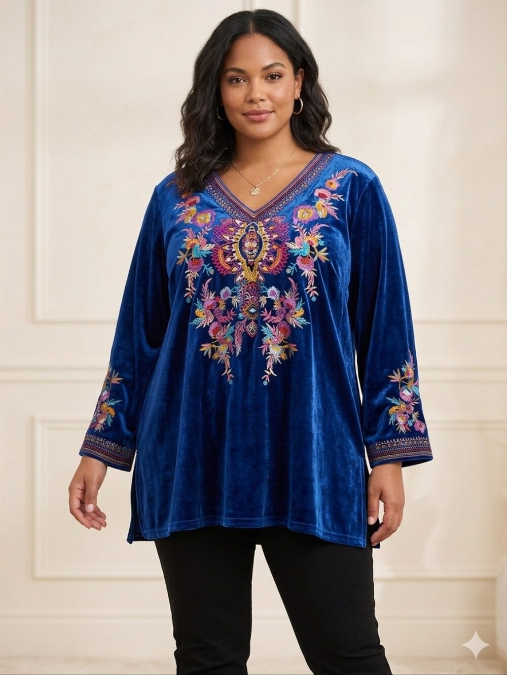 Calessa Navy Velvet Embroidered V-Neck Tunic, Size 2X